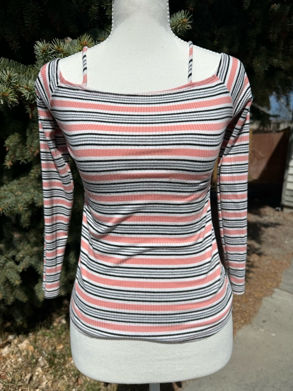 Charlotte Russe Pink and Black Striped Off-Shoulder Long Sleeve Top